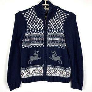 Eddie Bauer Full Zip Cardigan Sweater Large fair isle nordic holiday reindeer